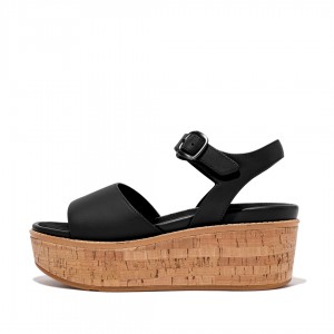 Women's Fitflop Eloise Cork Wrap Wedge Sandals Black | ZA-54ITDNKRQ