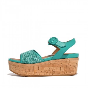 Women's Fitflop Eloise Faux Raffia Back Strap Wedge Sandals Blue | ZA-65EZDUJTI