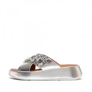 Women's Fitflop F-Mode Leather Slides Silver | ZA-41PGQYTHL