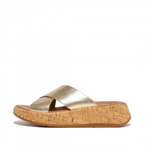 Women's Fitflop F-Mode Metallic Cross Slides Slides Gold | ZA-35ZQODBUM