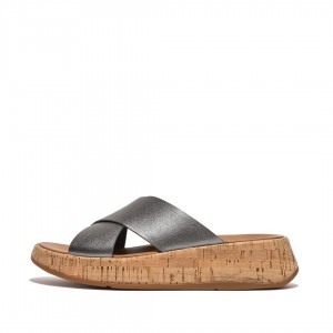 Women's Fitflop F-Mode Metallic Cross Slides Slides Silver | ZA-39XAUCKRL