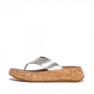 Women's Fitflop F-Mode Metallic & Cork Sandals Silver | ZA-40GTSLQVU