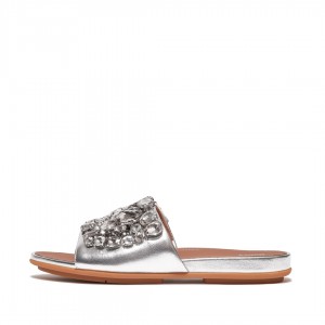 Women's Fitflop Gracie Leather Slides Silver | ZA-87AZKEOYN