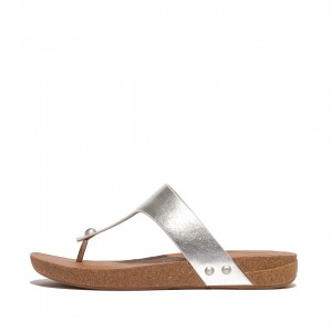 Women's Fitflop Iqushion Leather Thongs Toe-Post Sandals Silver | ZA-75VQXIMST