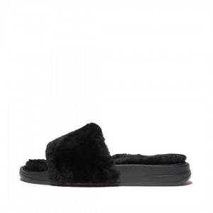 Women's Fitflop Iqushion Shearling Slides Slides Black | ZA-24WYTJBUG