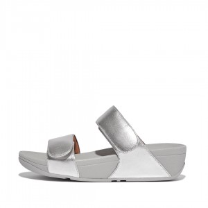 Women's Fitflop Lulu Adjustable Metallic Leather Slides Silver | ZA-84CBMGPDK