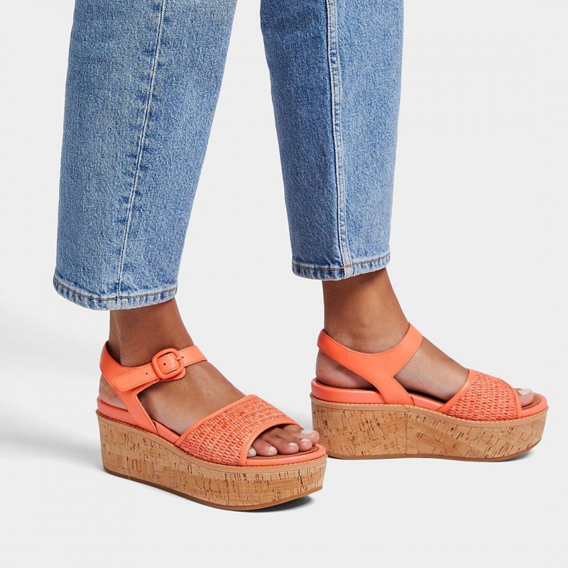 Women's Fitflop Eloise Faux Raffia Back Strap Wedge Sandals Orange | ZA-91GVOINUR