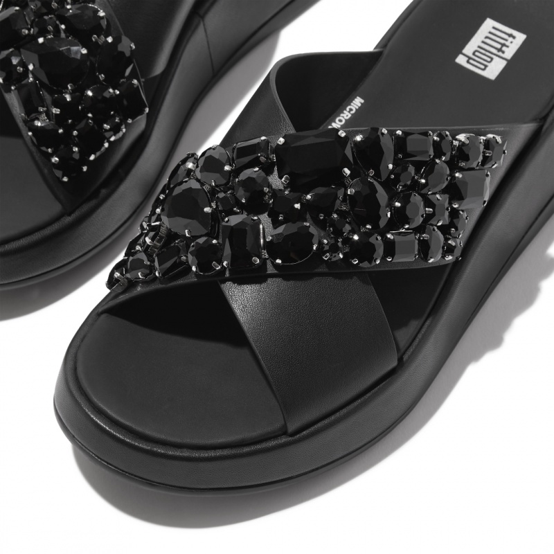 Women's Fitflop F-Mode Leather Slides Black | ZA-43GPWCOBN