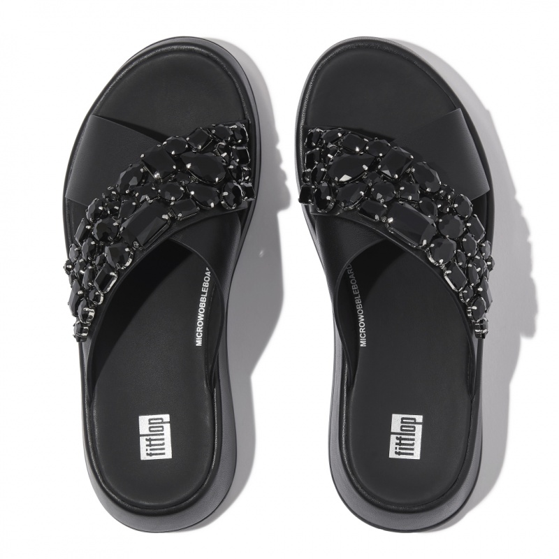 Women's Fitflop F-Mode Leather Slides Black | ZA-43GPWCOBN