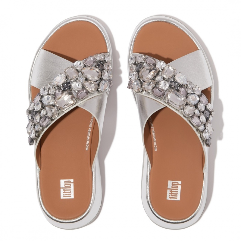 Women's Fitflop F-Mode Leather Slides Silver | ZA-41PGQYTHL