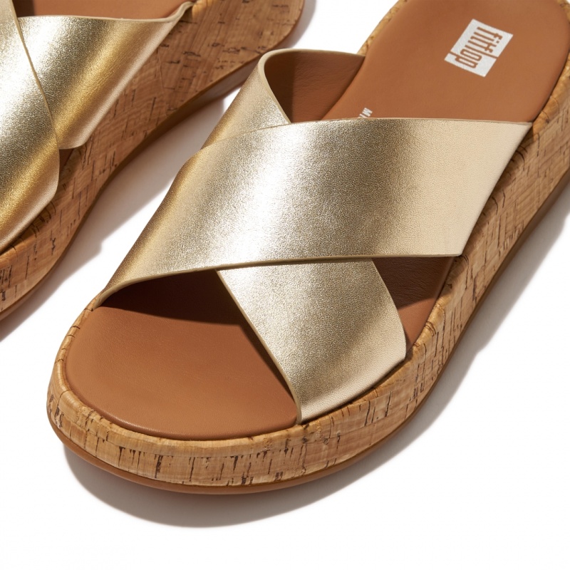 Women's Fitflop F-Mode Metallic Cross Slides Slides Gold | ZA-35ZQODBUM