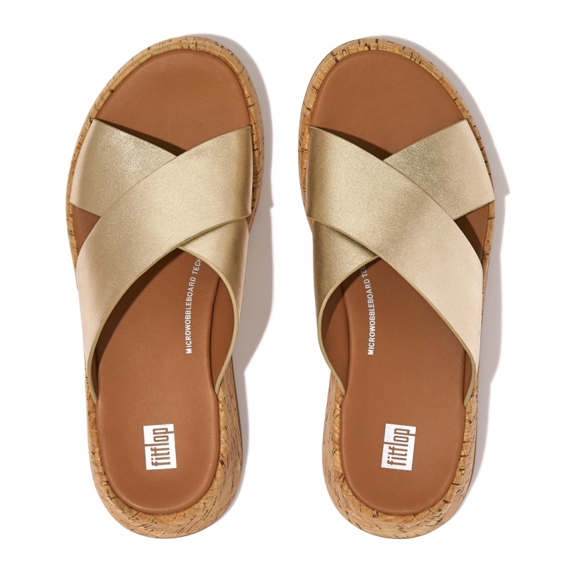 Women's Fitflop F-Mode Metallic Cross Slides Slides Gold | ZA-35ZQODBUM