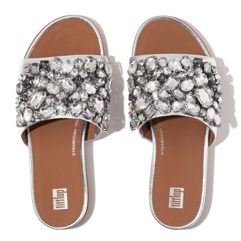 Women's Fitflop Gracie Leather Slides Silver | ZA-87AZKEOYN