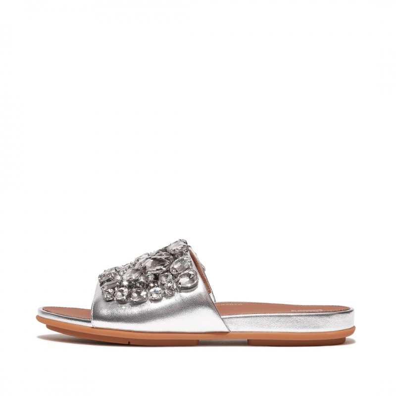 Women\'s Fitflop Gracie Leather Slides Silver | ZA-87AZKEOYN