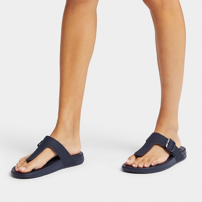 Women's Fitflop Iqushion Adjustable Buckle Flip Flops Navy | ZA-28QONDFEY