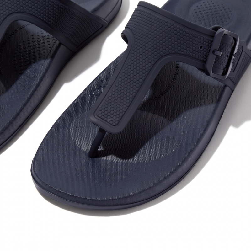 Women's Fitflop Iqushion Adjustable Buckle Flip Flops Navy | ZA-28QONDFEY