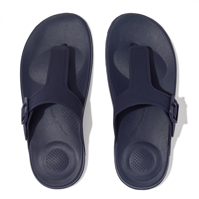 Women's Fitflop Iqushion Adjustable Buckle Flip Flops Navy | ZA-28QONDFEY