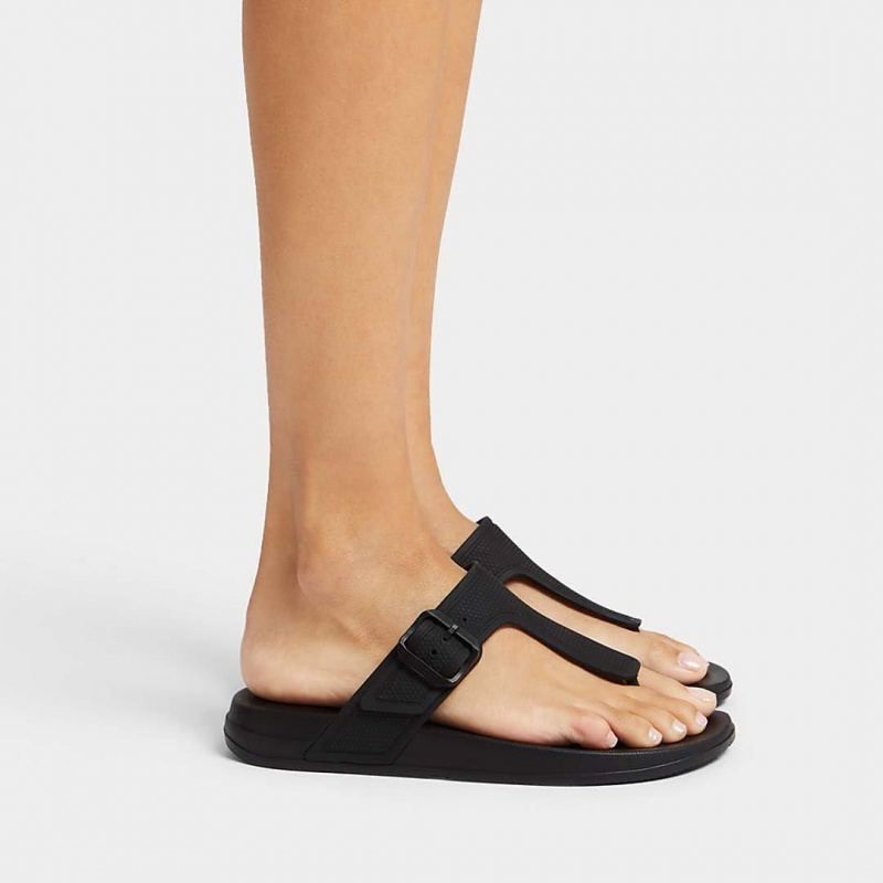 Women's Fitflop Iqushion Adjustable Buckle Flip Flops Black | ZA-02BIJTPUR