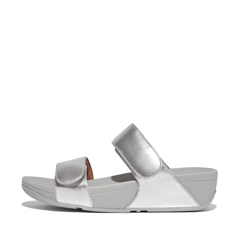 Women\'s Fitflop Lulu Adjustable Metallic Leather Slides Silver | ZA-84CBMGPDK