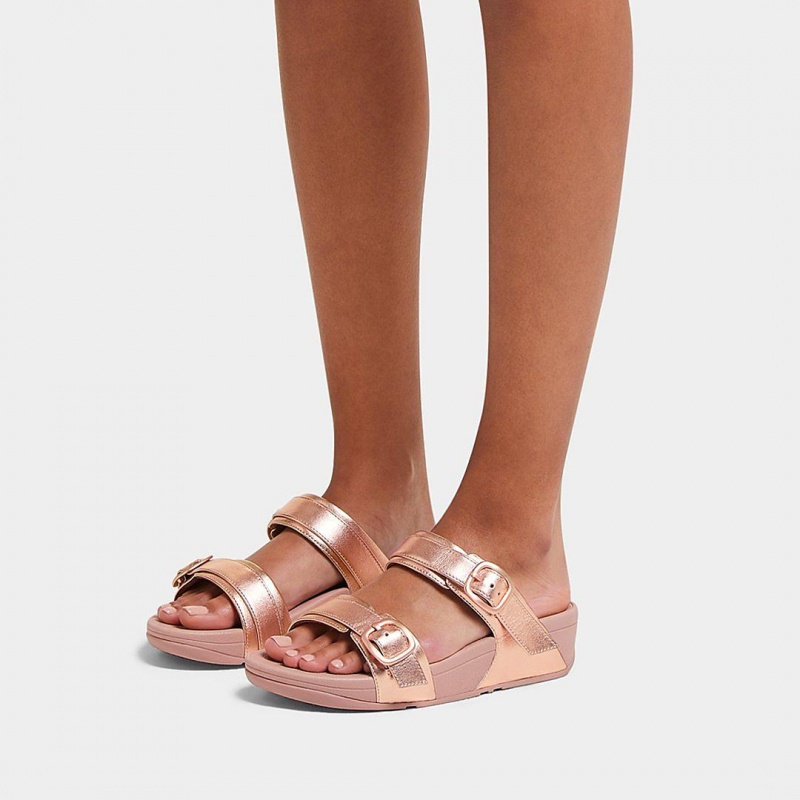 Women's Fitflop Lulu Leather Slides Rose Gold | ZA-27UZEPSAR